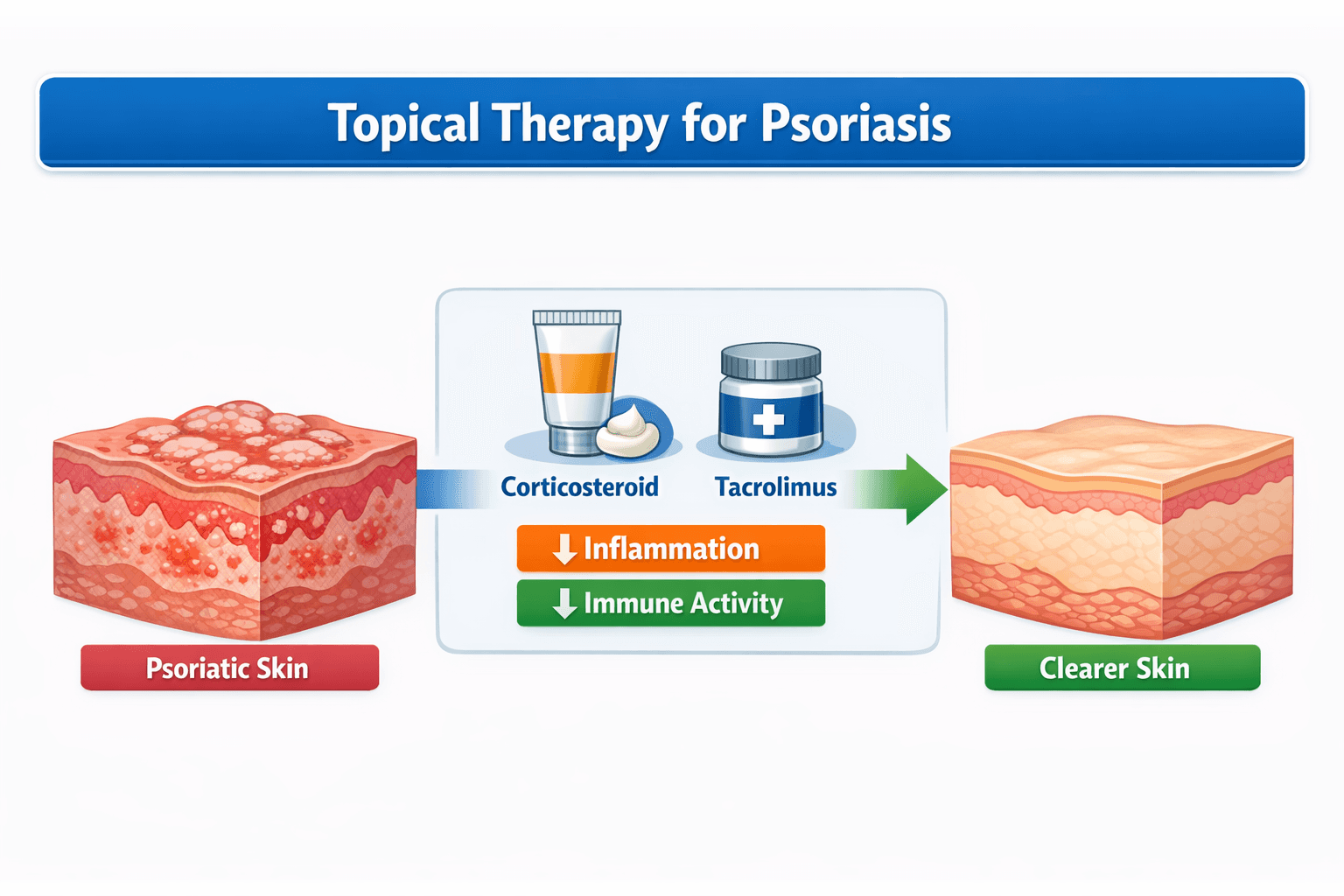 Topical corticosteroids and calcineurin inhibitors like tacrolimus are used for psoriasis treatment.