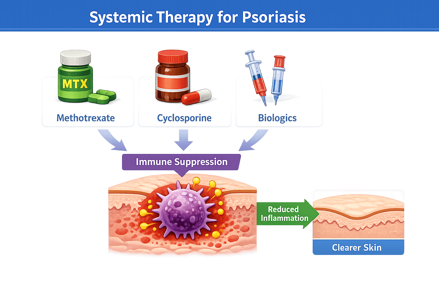 Systemic therapy for psoriasis includes methotrexate, cyclosporine, and biologics like adalimumab and secukinumab.