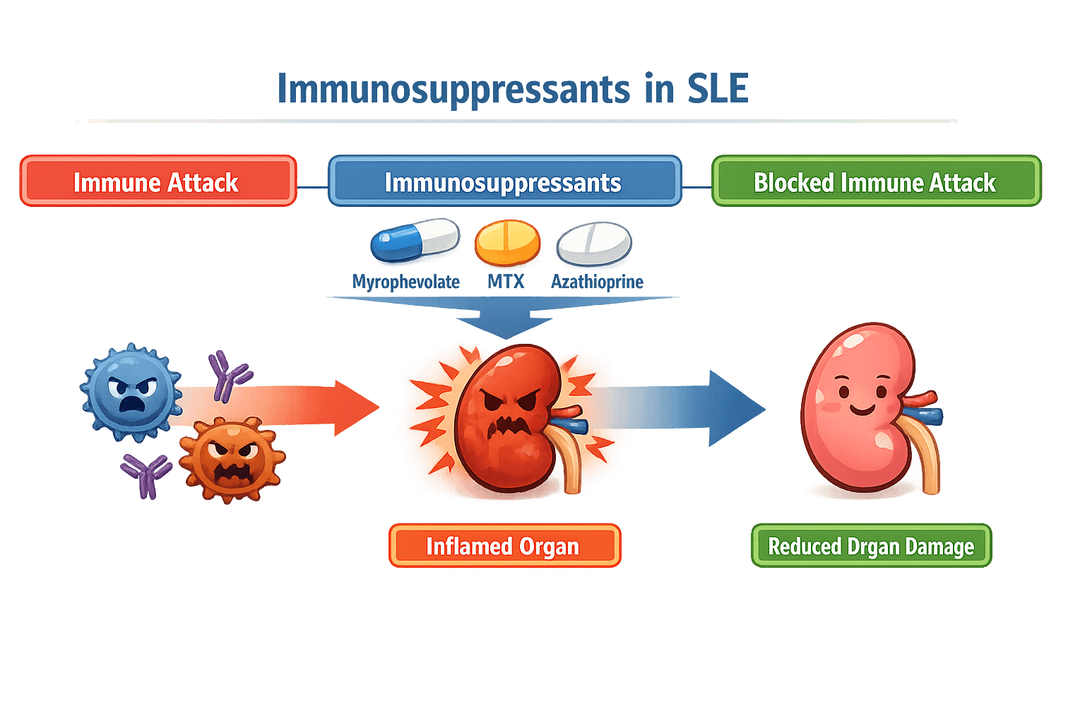 Immunosuppressants like Mycophenolate, MTX, and Azathioprine are used in SLE treatment.
